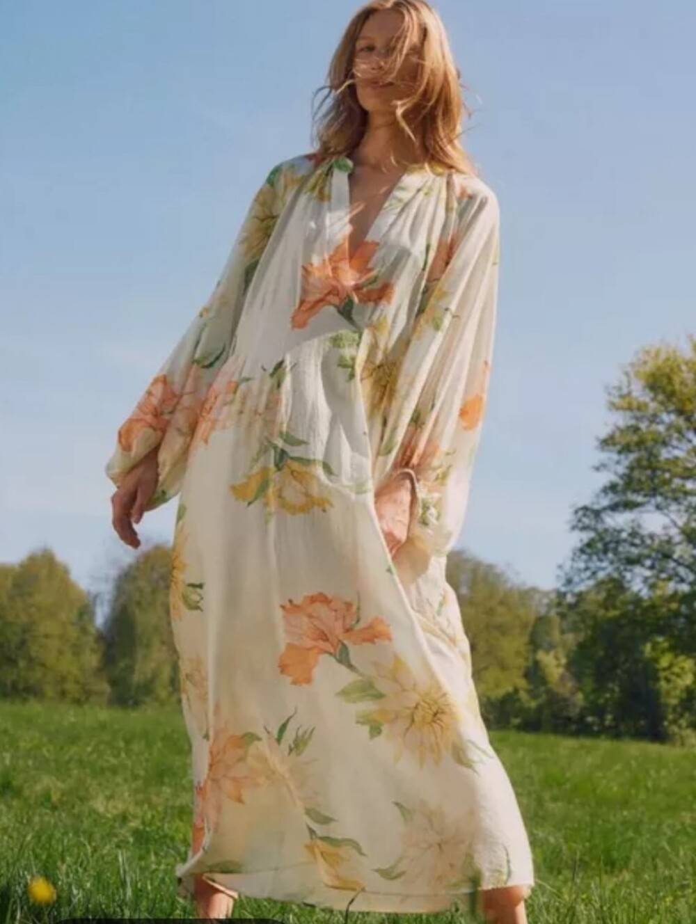 H&M Women’s Floral Long Sleeve Maxi Dress Cream with Peach & Yellow Flowers